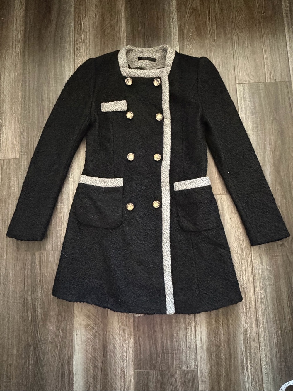 Black Bouclé Double-Breasted Pea Coat with Contrast Trim